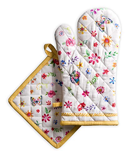 Maison d' Hermine Ofenhandschuh und Topflappen, 100% Baumwolle, hitzebeständiger Ostern Ofenhandschuh(19cm x 33cm) & Topflappen(20cm x 20cm) für Köche, Happy Florals - Sweety – Frühling/Sommer von Maison d' Hermine