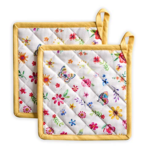 Maison d' Hermine Hot Pads Oster-Topfhalter aus 100% Baumwolle, 2er-Set (20cm x 20cm) mit Schleife, hitzebeständig für BBQ, Kochen, Backen, Mikrowelle, Happy Florals - Sweety – Frühling/Sommer von Maison d' Hermine