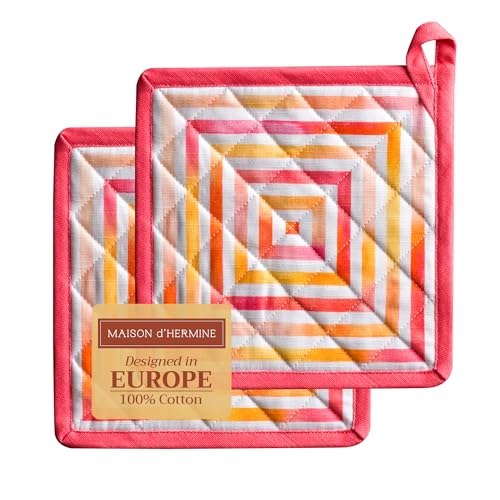 Maison d' Hermine Hotpads 100% Baumwolle Topflappen mit Schleife hitzebeständig (20cm x 20cm) Set mit 2 Topflappen zum Backen, Grillen, Mikrowellengrillen, Summer Maze – Frühling/Sommer von Maison d' Hermine