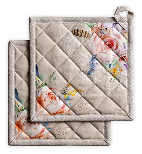 Maison d' Hermine Topflappen, 100% Baumwolle, hitzebeständig, Set mit 2 Hotpads mit Schleife zum Backen, Grillen, Mikrowelle, Umgang mit heißen Pfannen, Ibiza - Beige – Frühling/Sommer (20cm x 20cm) von Maison d' Hermine