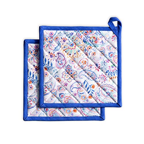 Maison d' Hermine Topflappen, 100% Baumwolle, hitzebeständig, Set mit 2 Hotpads mit Schleife zum Backen, Grillen, Mikrowelle, Umgang mit heißen Pfannen, Indian Floral – Frühling/Sommer (20cm x 20cm) von Maison d' Hermine