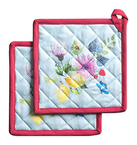 Maison d' Hermine Topflappen 100% Baumwolle Ostern hitzebeständig Set mit 2 Topflappen (20cm x 20cm) Hot Pads mit Schleife zum Grillen, Kochen, Grillen, Jardin D'Ete - Mint – Frühling/Sommer von Maison d' Hermine