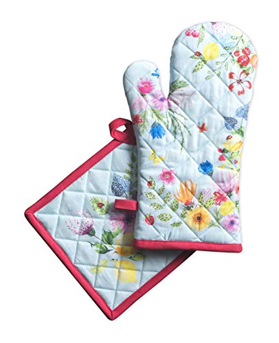 Maison d' Hermine Jardin D'Ete – Mint Set aus Ofenhandschuhen (19 cm x 33 cm) und Topflappen (20 cm x 20 cm), 100% Baumwolle, zum Grillen, Kochen, Backen, Mikrowelle, Grillen, Frühling/Sommer, Ostern von Maison d' Hermine