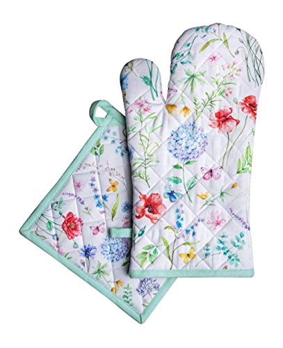 Maison d' Hermine Ofenhandschuh + Topflappen aus 100% Baumwolle, hitzebeständige Ostern Küchen-Ofenhandschuh(19cm x 33cm) & Topflappen(20cm x 20cm) für Köche, Damen, Just Floral – Frühling/Sommer von Maison d' Hermine