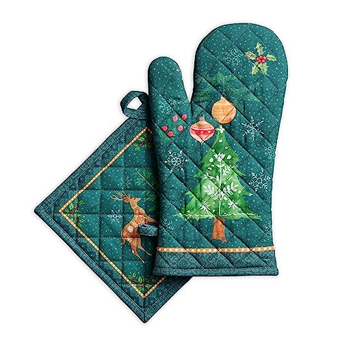 Maison d' Hermine Ofenhandschuh(19cm x 33cm) & Topflappen(20cm x 20cm) Set aus 100% Baumwolle, hitzebeständig zum Grillen, Kochen, Backen, Grillen, Hygge Christmas – Erntedankfest/Weihnachten von Maison d' Hermine