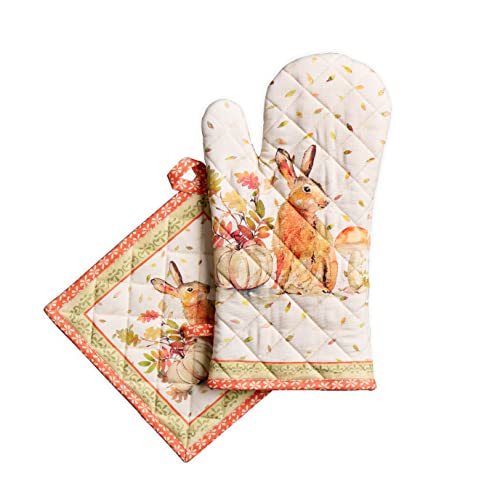 Maison d' Hermine Ofenhandschuh + Topflappen, 100% Baumwolle, hitzebeständiger Küchenhandschuh Ofenhandschuh(19cm x 33cm) & Topflappen(20cm x 20cm) für Koch, Pumpkin Passion –Erntedankfest/Weihnachten von Maison d' Hermine