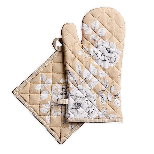 Maison d' Hermine Ofenhandschuh (19cm x 33cm) und Topflappen (20cm x 20cm) aus 100% Baumwolle, hitzebeständige Kombination für Grillen, Kochen, Hochzeit, Pretty Autumn – Erntedankfest/Weihnachten von Maison d' Hermine