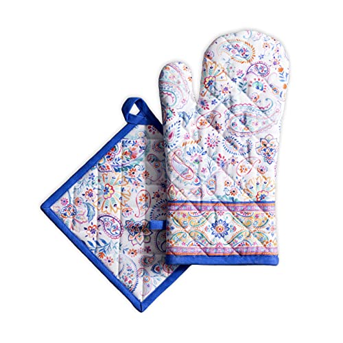 Maison d' Hermine Ofenhandschuh + Topflappen aus 100% Baumwolle, hitzebeständige Ostern Küchen-Ofenhandschuh(19cm x 33cm) & Topflappen(20cm x 20cm) für Köche, Damen, Indian Floral – Frühling/Sommer von Maison d' Hermine