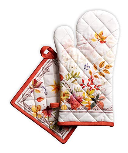 Maison d' Hermine Ofenhandschuh + Topflappen aus 100% Baumwolle, hitzebeständiger Ofenhandschuh(19cm x 33cm) & Topflappen(20cm x 20cm) für Koch, Mikrowelle, Amarante – Erntedankfest/Weihnachten von Maison d' Hermine