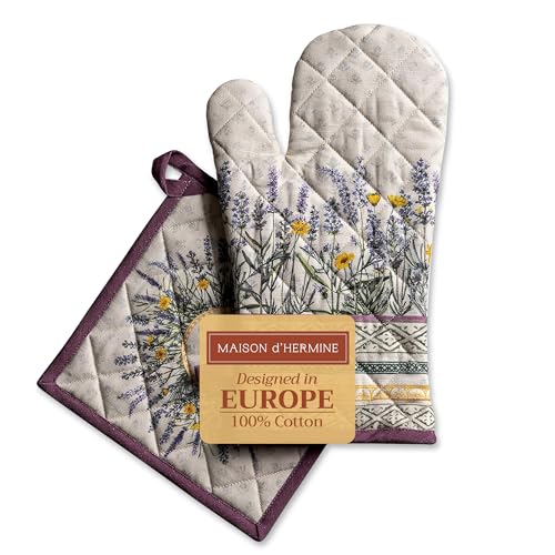 Maison d' Hermine Ofenhandschuh und Topflappen-Set aus 100 % Baumwolle, hitzebeständige Grillhandschuhe mit Schlaufe, Backen, Grillen, Küche, Handhabung heißer Pfannen Frühling/Sommer (Fanny Lavender) von Maison d' Hermine