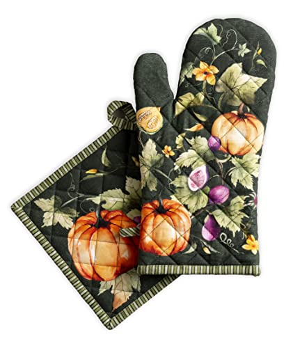 Maison d' Hermine Ofenhandschuh (19cm x 33cm) + Topflappen (20cm x 20cm) aus 100% Baumwolle, hitzebeständiger für Koch, Mikrowelle, Pumpkin Garden - Dark Green – Erntedankfest/Weihnachten von Maison d' Hermine