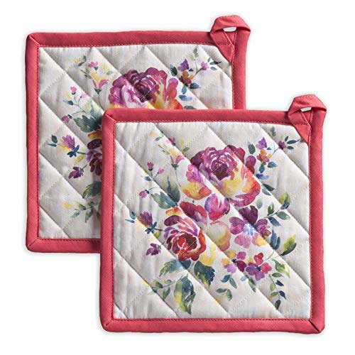 Maison d' Hermine Hot Pads Oster-Topfhalter aus 100% Baumwolle, 2er-Set (20cm x 20cm) mit Schleife, hitzebeständig für BBQ, Kochen, Backen, Grillen, Mikrowelle, Rose Garden – Frühling/Sommer von Maison d' Hermine