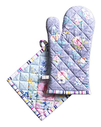 Maison d' Hermine Sweet Rose Lavender Set aus Ofenhandschuhen (19 cm x 33 cm) und Topflappen (20 cm x 20 cm), 100% Baumwolle, zum Grillen, Ostern von Maison d' Hermine