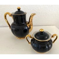 Antik 1920S Art Deco Schwarz Mit Gold. Gekrönter Oscar Schlegelmilch Germany Vorlege Gedeck. Wählen Sie Kaffeekanne Oder Zuckerdose in Der Menüoption von MaisonVillage