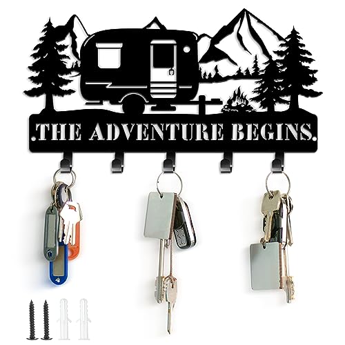 Maitys Keyholder for Wall Decorative Metal Camper Key Rack Hanger with Hooks Christmas Wall Decor Rustic Key Hook for Wall Mounted Decor for Entryway Front Door (Adventure Style, 28 x 5.51 Inch) von Maitys