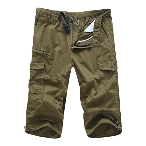 Herren-Cargo-Shorts, lockere Passform, 3/4-Schnitt, Twill, elastische Taille, mehrere Taschen, Caprihose, leger, lockere Passform, unterhalb des Knies, kurz (Gelb, Größe 5XL) von Maiyifu-GJ
