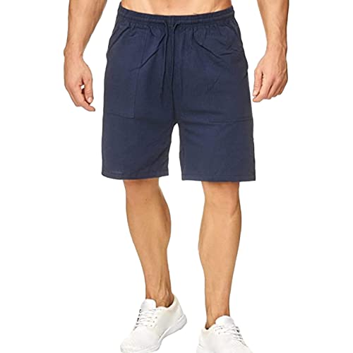 Herren Leinen Casual Klassische Fit Kurze Elastische Taille Kordelzug Sommer Strand Shorts Running Lounge Kurze Hosen (Dunkelblau, S) von Maiyifu-GJ