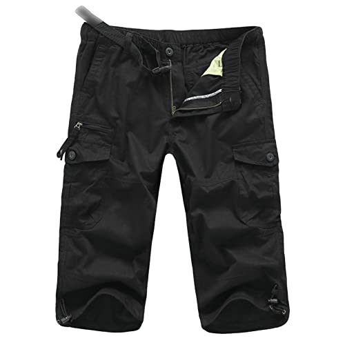 Herren Relaxed Fit 3/4 Cargo Shorts Twill Elastische Taille Multi Pocket Capri Hosen Casual Lose Fit Unter dem Knie Kurz (Schwarz, S) von Maiyifu-GJ