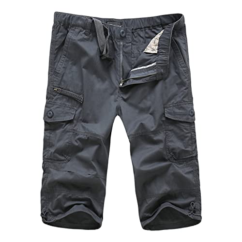 Herren Relaxed Fit 3/4 Cargo Shorts Twill Elastische Taille Multi Pocket Caprihose Casual Loose Fit Unterhalb des Knies Kurz (Grau, XXL) von Maiyifu-GJ