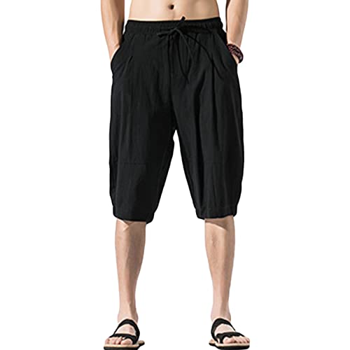 Maiyifu-GJ Baggy Leinenshorts für Herren, lässige leichte Sommer Strand Kurze elastische Taille Kordelzug Fitnessstudio Yoga Kurze Hosen (Schwarz, XL) von Maiyifu-GJ