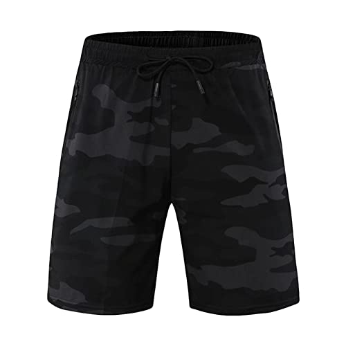 Maiyifu-GJ Herren Camo Gym Workout Shorts Schnell Trocknende Reißverschlusstaschen Running Shorts Elastische Taille Training Sportlich Kurze Hosen (Schwarz, S) von Maiyifu-GJ