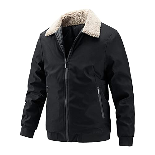 Maiyifu-GJ Herren Faux Pelz Collar Bomberjacke Winter Warm Reißverschluss Revers Vintage Jacke Leichte Thermische Trucker Jacken (Schwarz, XXL), Schwarz, XXL von Maiyifu-GJ