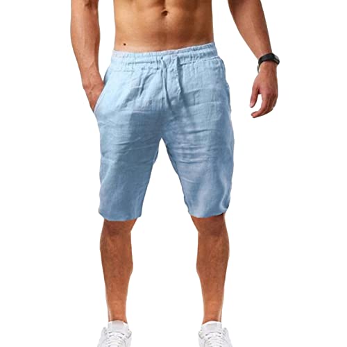 Maiyifu-GJ Herren Leinen Casual Klassische Passform Shorts Sommer Leichte Elastische Taille Kurze Kordelzug Workout Gym Yoga Shorts (Hellblau, Groß) von Maiyifu-GJ