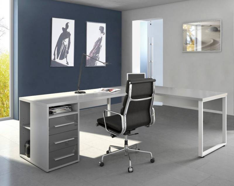 Maja Möbel Schreibtisch Maja Set+ Winkelschreibtisch inkl. Rollcontainer (in Platingrau / Grauglas), Made in Germany, ABS-Kante, Metallfuß weiß, Metallgriffe von Maja Möbel