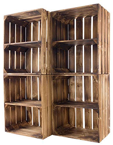 Kontorei geflammte/gebrannte Obstkiste mit Mittelbrett Quer 50cm x 40cm x 30cm 4er Set Regal Holzregal Kiste von Majen