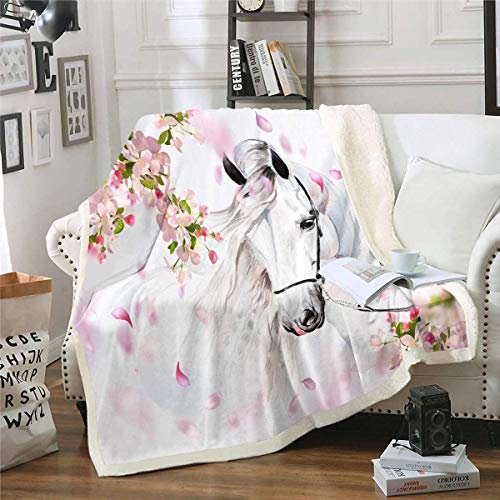 Tbrand Weißes Pferd Kuscheldecke Rosa Blumen Fleece Wohndecke Aquarell Wildtier Design Decke 150x200cm für Bett Sofa Couch Schlafzimmer Dekor Wildlife Flanell Fleecedecke Decke von Majen
