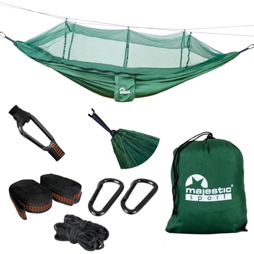 MAJESTIC SPORT Camping Hängematte Outdoor mit Moskitonetz, Leichte Nylon 210T Camping Reisehängematte 250 kg260x140 cm, tragbar für Ausflüge in die Berge in den Wald, Grün von Majestic Sport