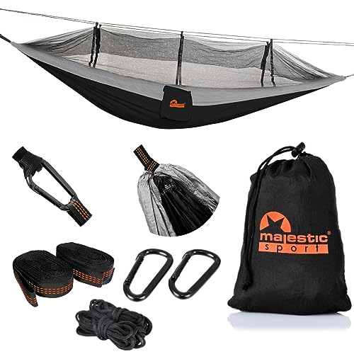 MAJESTIC SPORT Camping Hängematte Outdoor mit Moskitonetz, Leichte Nylon 210T Camping Reisehängematte 250 kg260x140 cm, tragbar für Ausflüge in die Berge in den Wald, Schwarz von Majestic Sport