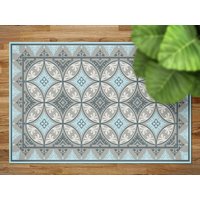 Dekorative Blumen Im Blauen Mint-Vinyl-Teppich, Blauer Vinyl-Läufer, Grauer Bodenteppich, Ornament Linoleum-Boden von MajesticMats