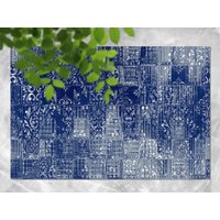 Grunge Moderner Blauer Vinylteppich Mit Blumenmuster, Blaue Außenmatte Für Terrasse, Grauer Wasserdichter Vinylteppich, Abstrakter Teppich Kunststoff von MajesticMats