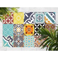 Heller Mehrfarbiger Mosaik-Vinylteppich, Blaue Außenmatte Für Terrasse, Oranger Wasserdichter Vinylteppich, Patchworkbereichsteppich Kunststoff von MajesticMats