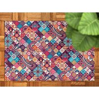 Mehrfarbiger Multielement Tilesl Muster Vinyl Teppich, Rosa Outdoor Matte Für Terrasse, Blauer Wasserdichter Patchwork Bereich Teppich Kunststoff von MajesticMats