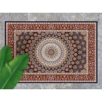 Muster Des Dekorativen Mandala Geschlossen in Einem Rahmen-Vinyl-Teppich, Rote Außenmatte Für Terrasse, Grauer Wasserdichter Vinylteppich von MajesticMats