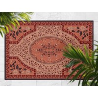 Rot Blumenkreis Muster Im Rahmen Outdoor Teppich, Rote Matte Für Terrasse, Orange Vinyl Wasserdichter Retro Bereich Teppich Kunststoff von MajesticMats