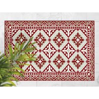 Roter Und Weißer Dekorationsrahmen Outdoor Teppich, Rote Matte Für Terrasse, Beige Vinyl Wasserdichter Retro Bereich Teppich Kunststoff von MajesticMats