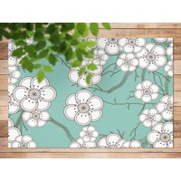 Weißer Apfelblüten Vinyl Teppich, Grüner Läufer, Beiger Bodentuch Matte, Blumen Linoleum Boden von MajesticMats