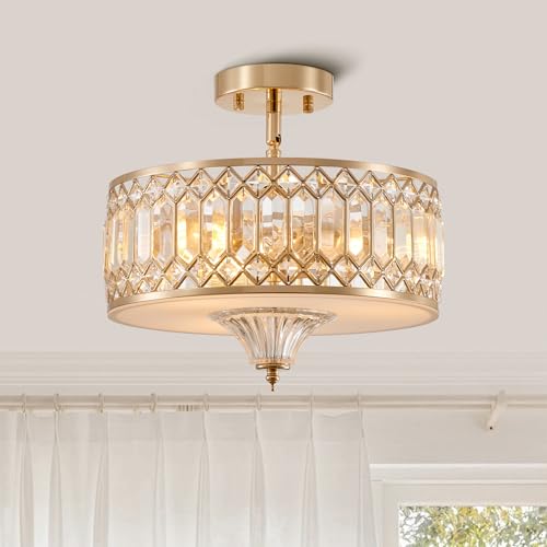 Majhoiw Goldene Kristall-Deckenleuchte für Wohnzimmer Esszimmer Schlafzimmer Flur, Durchmesser 33cm Moderne Runde Trommel Deckenleuchte, 3-Licht, Gebürsteter Gold Kronleuchter von Majhoiw