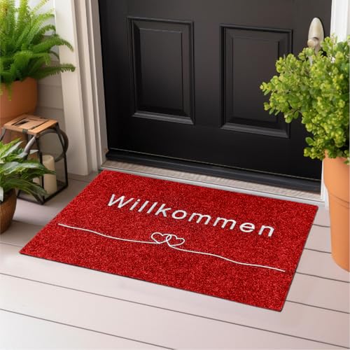 Majo Lifestyle und Home® Fußmatte rutschfest waschbar Flur-Matte dünne Haustür-Matte, Schmutzfangmatte für innen und außen, Fussabtreter Eingangsbereich (ROT WILLKOMMEN, 40x60 cm) von Majo Lifestyle und Home