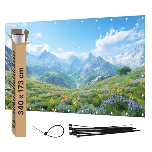 Major and More Sichtschutz Banner PVC Garten Dekoration Plane groß mit Motiv blickdichter Motivbanner für Terrasse Zaun Gartenzaun Zaunblende Gartenposter (340x173 cm, Berge) von Major and More