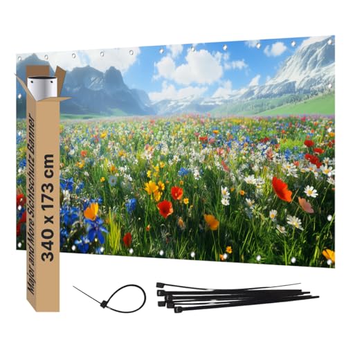 Major and More Sichtschutz Banner PVC Garten Dekoration Plane groß mit Motiv blickdichter Motivbanner für Terrasse Zaun Gartenzaun Zaunblende Gartenposter (340x173 cm, Blumenwiese) von Major and More