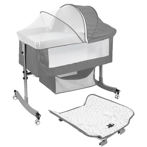 Makamsui 4 in 1 Baby Krippe Nachttisch Sleeper, Höhenverstellbar Tragbar Stubenwagen Babywiege mit Wickeltisch, Aufbewahrungskorb, Moskitonetz, Rollen Rollen, Faltbares Cabrio Babybett (Grau) von Makamsui