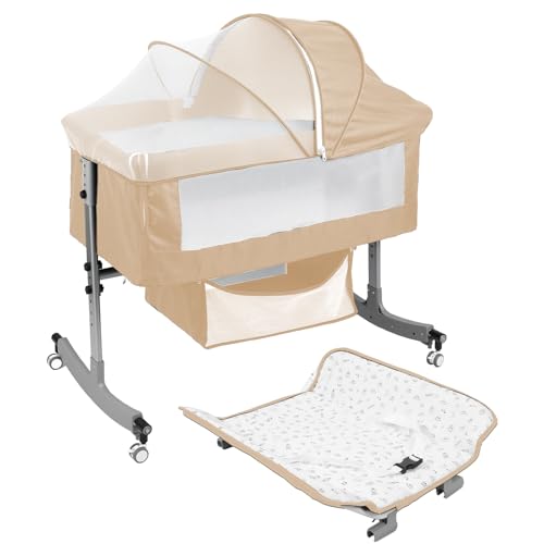 Makamsui 4 in 1 Baby Krippe Nachttisch Sleeper, Höhenverstellbar Tragbar Stubenwagen Babywiege mit Wickeltisch, Aufbewahrungskorb, Moskitonetz, Rollen Rollen, Faltbares Cabrio Babybett (Khaki) von Makamsui
