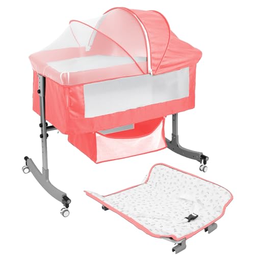 Makamsui 4 in 1 Baby Krippe Nachttisch Sleeper, Höhenverstellbar Tragbar Stubenwagen Babywiege mit Wickeltisch, Aufbewahrungskorb, Moskitonetz, Rollen Rollen, Faltbares Cabrio Babybett (Rosa) von Makamsui