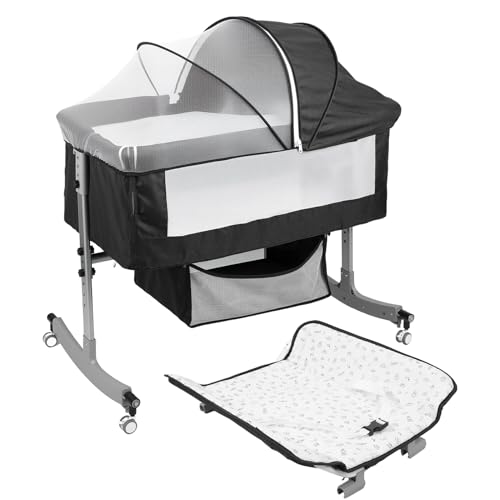 Makamsui 4 in 1 Baby Krippe Nachttisch Sleeper, Höhenverstellbar Tragbare Stubenwagen Säuglingswiege mit Wickeltisch, Aufbewahrungskorb, Moskitonetz, Rollrollen, Faltbares Cabrio Babybett (Schwarz) von Makamsui