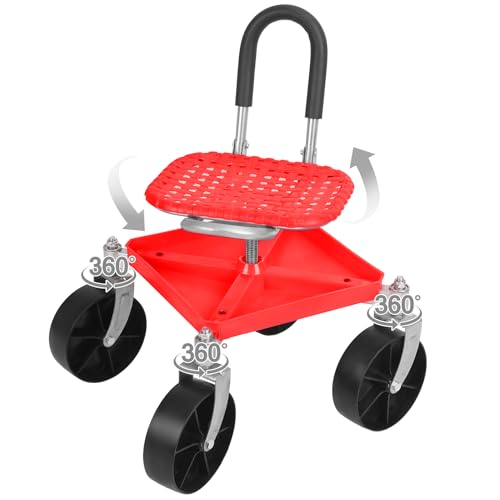 Makamsui Gartenrollsitz, höhenverstellbarer Rollwagen, 360 Grad drehbarer Gartenhocker mit Werkzeugablage, tragbarer Rollarbeitssitz für Gärtner, ältere Menschen und Senioren (rot) von Makamsui