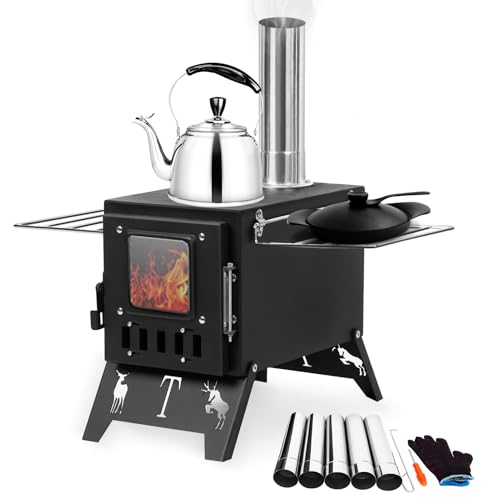 Zeltofen, Faltbarer Edelstahl-Holzofen, tragbarer Campingkocher mit Sichtfenster, zusammenklappbaren Beinen und Kaminrohren, Outdoor-Holzbrenner zum Heizen Kochen (Silber) von Makamsui